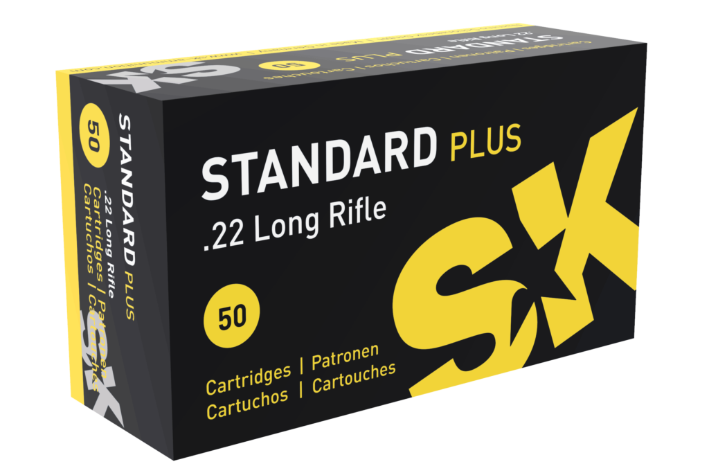 A box of SK Standard Plus .22 long rifle ammunition